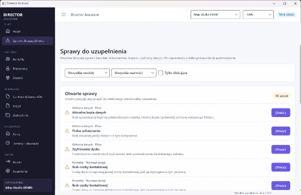 Wizualizacja listy spraw do uzupełnienia Director Assistant z filtrami; dane DEMO.