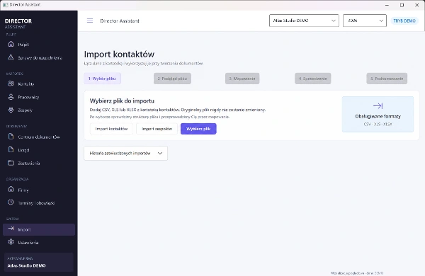 Wizualizacja importu kontaktów Director Assistant z etapami wczytania arkusza; dane DEMO.
